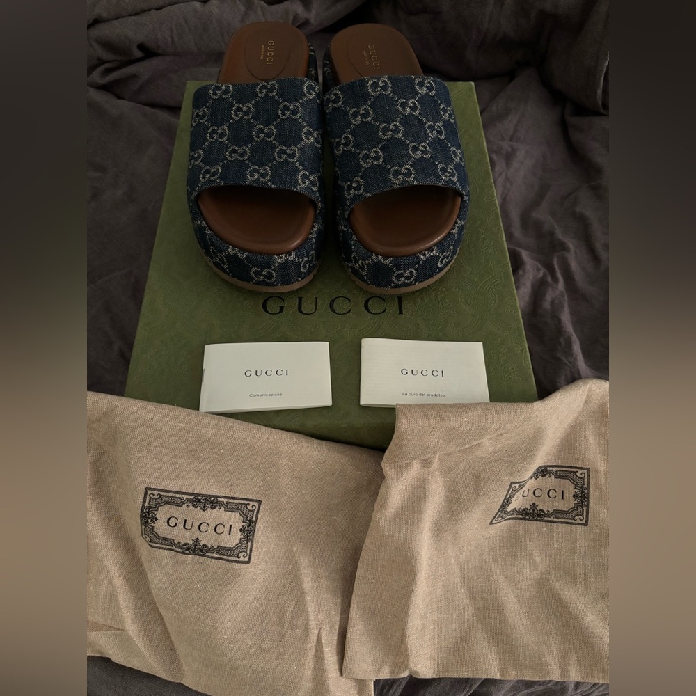 Gucci 💚GG Denim Denim Slides w/ Tags, Original Box, & Dust Bags